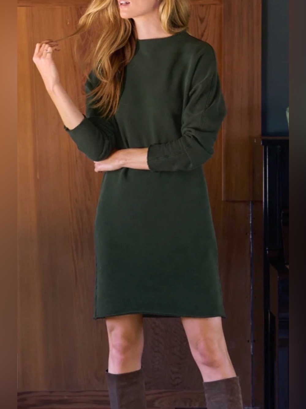 Frank & Eileen Izzie Sweatshirt Party Dress Raw Edge Cotton Army Green Made USA
